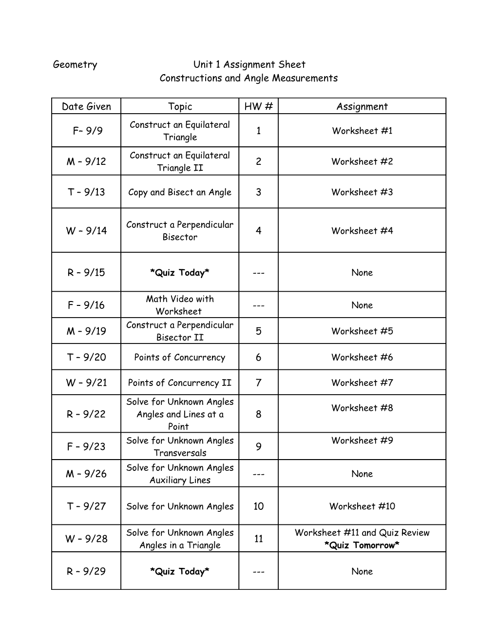 Math a Unit 1 Assignment Sheet