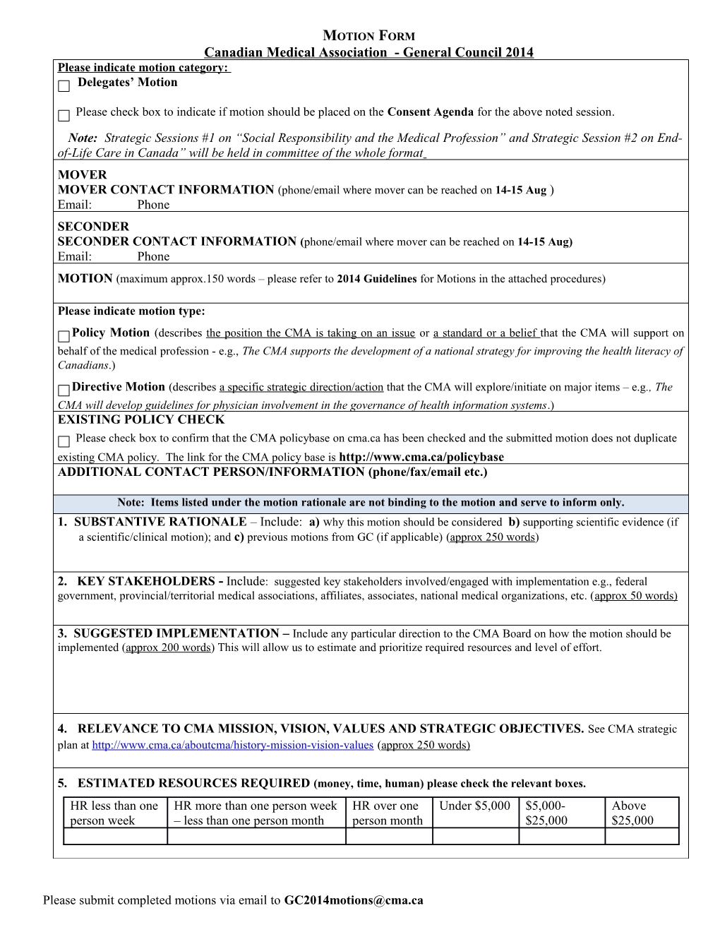 MOTION FORM Canadian Medical Association - General Council 2014