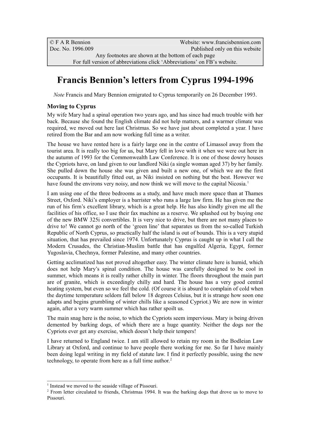 Francis Bennion S Letters from Cyprus 1994-1996