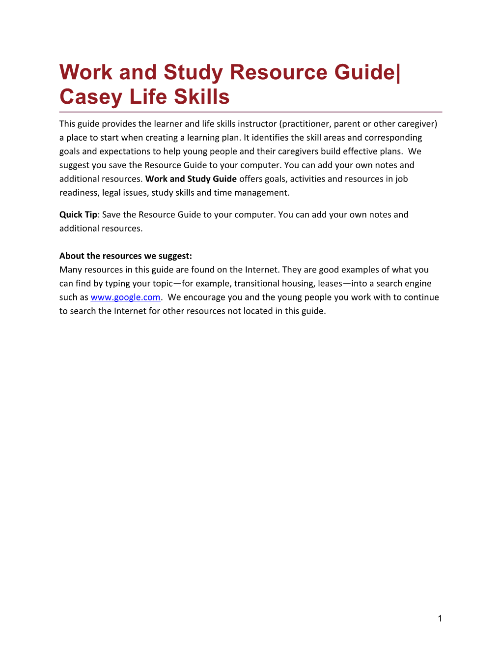 Work and Study Resource Guide Casey Life Skills