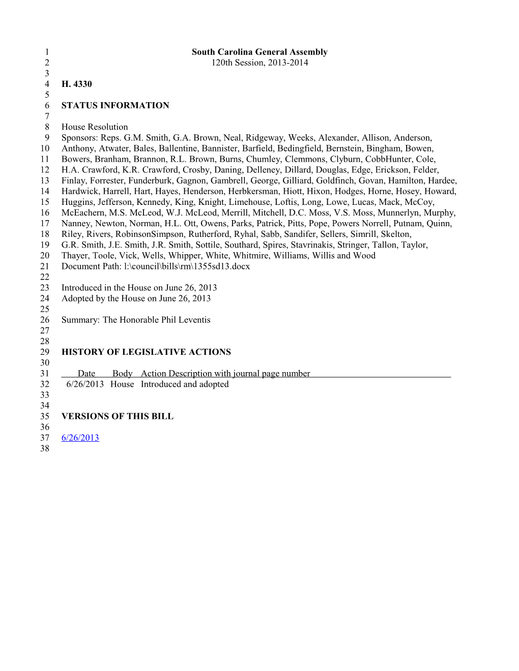 2013-2014 Bill 4330: the Honorable Phil Leventis - South Carolina Legislature Online