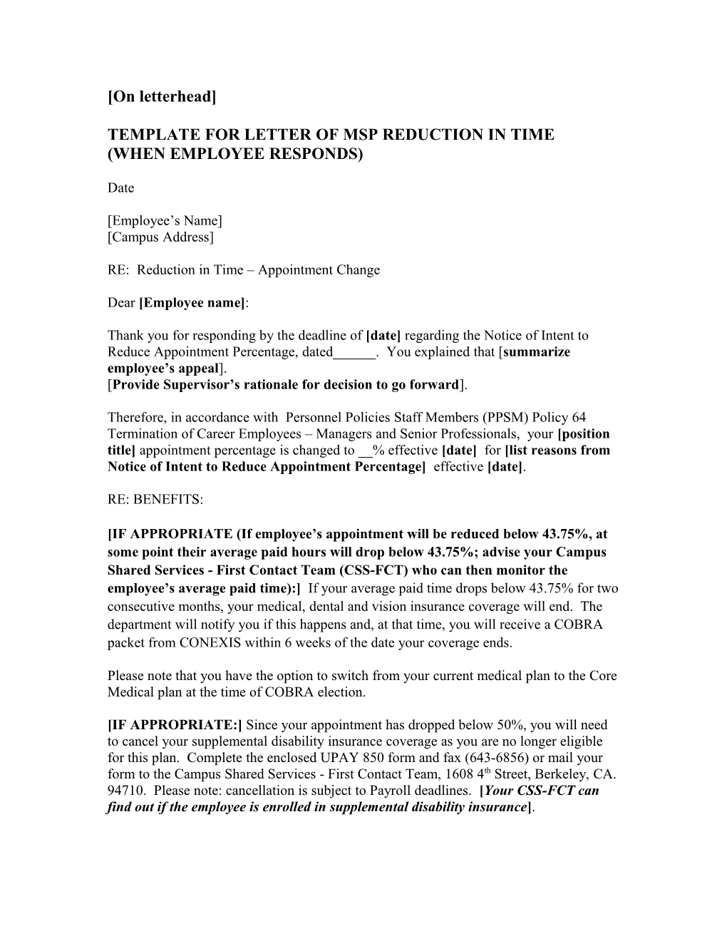 Template for Letter of Msp Reduction in Time (When Employee Responds)