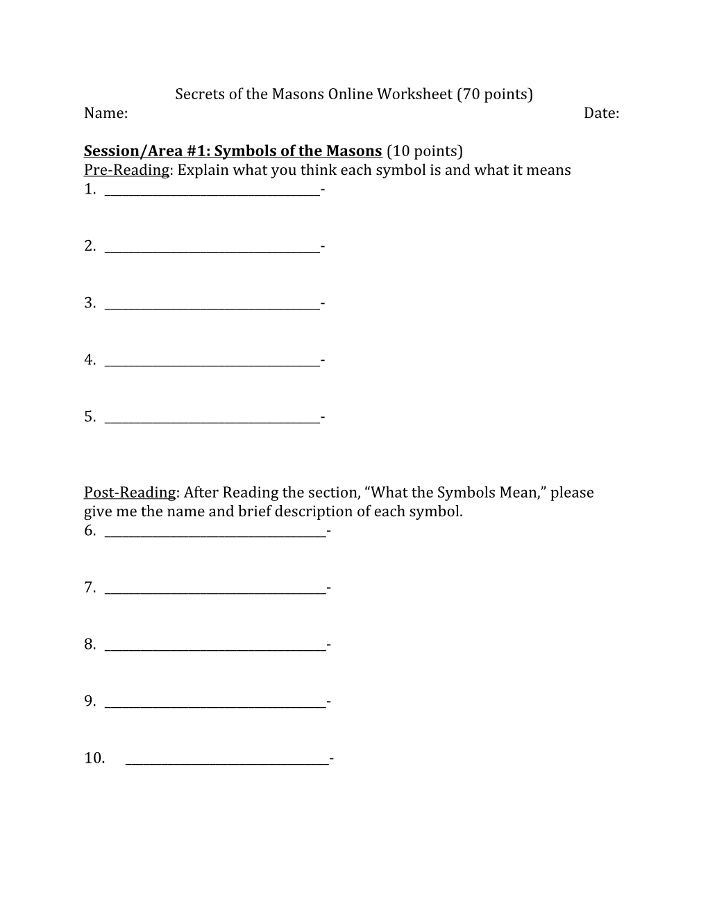 Secrets of the Masons Online Worksheet (70 Points)