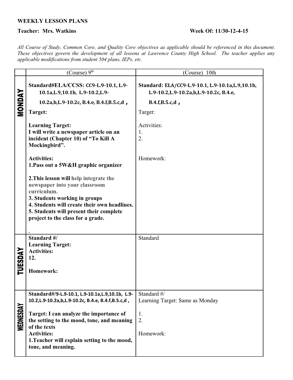 Weekly Lesson Plans s1