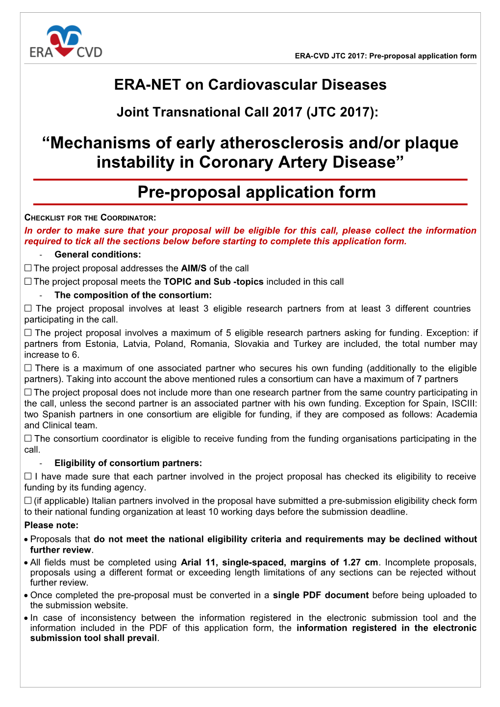 ERA-CVD JTC 2017: Pre-Proposal Application Form