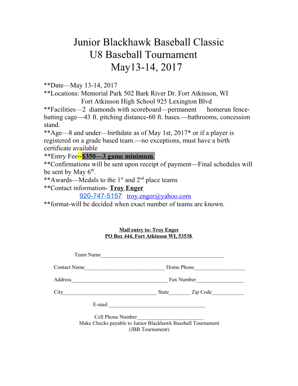 Junior Blackhawk Baseball Classic