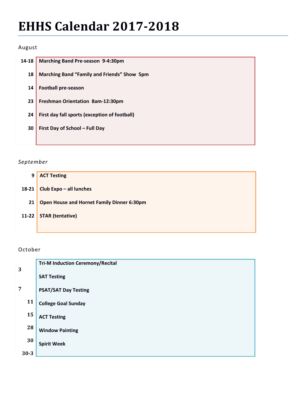EHHS Calendar 2017-2018