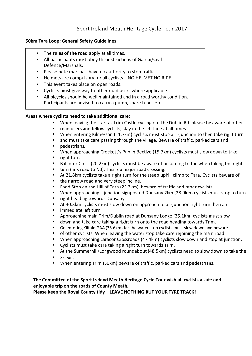 50Km Tara Loop: General Safety Guidelines