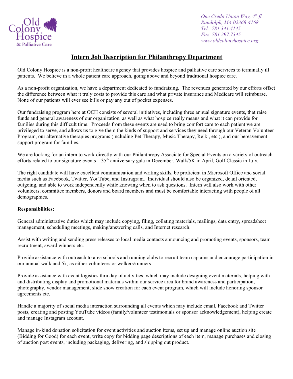 Intern Job Description for Philanthropy Department