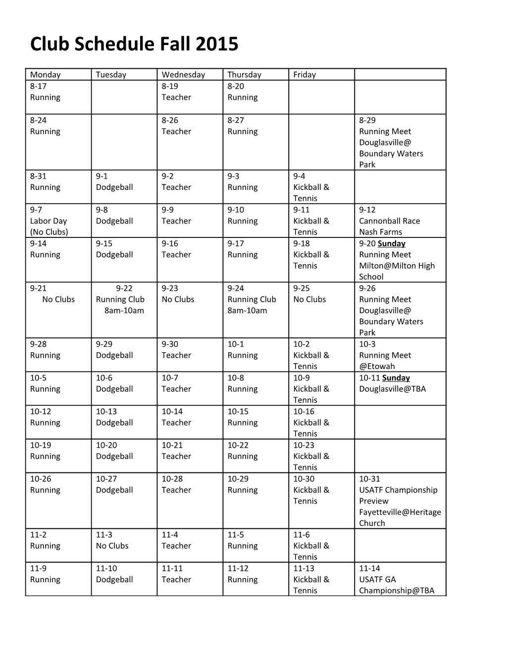 Club Schedule Fall 2015