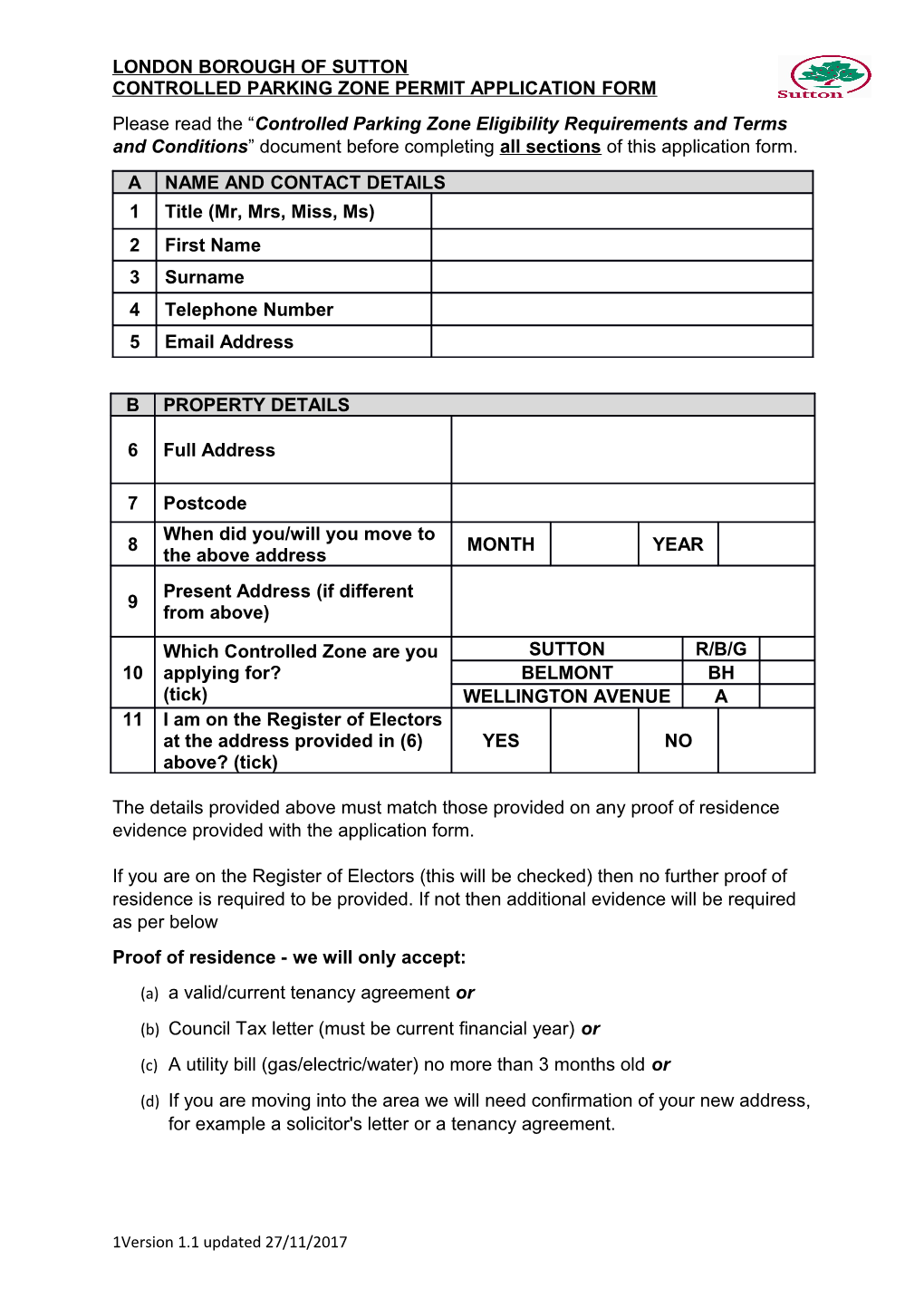 Controlled Parking Zone Permit Application Form