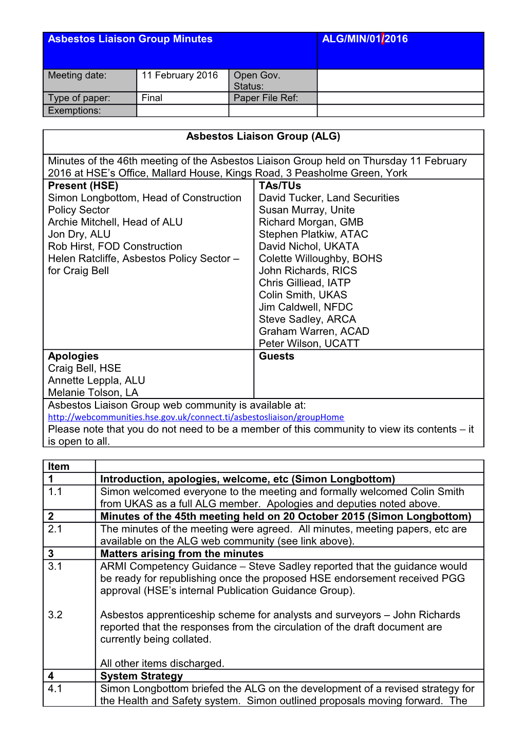 Asbestos Liaison Group Minutes