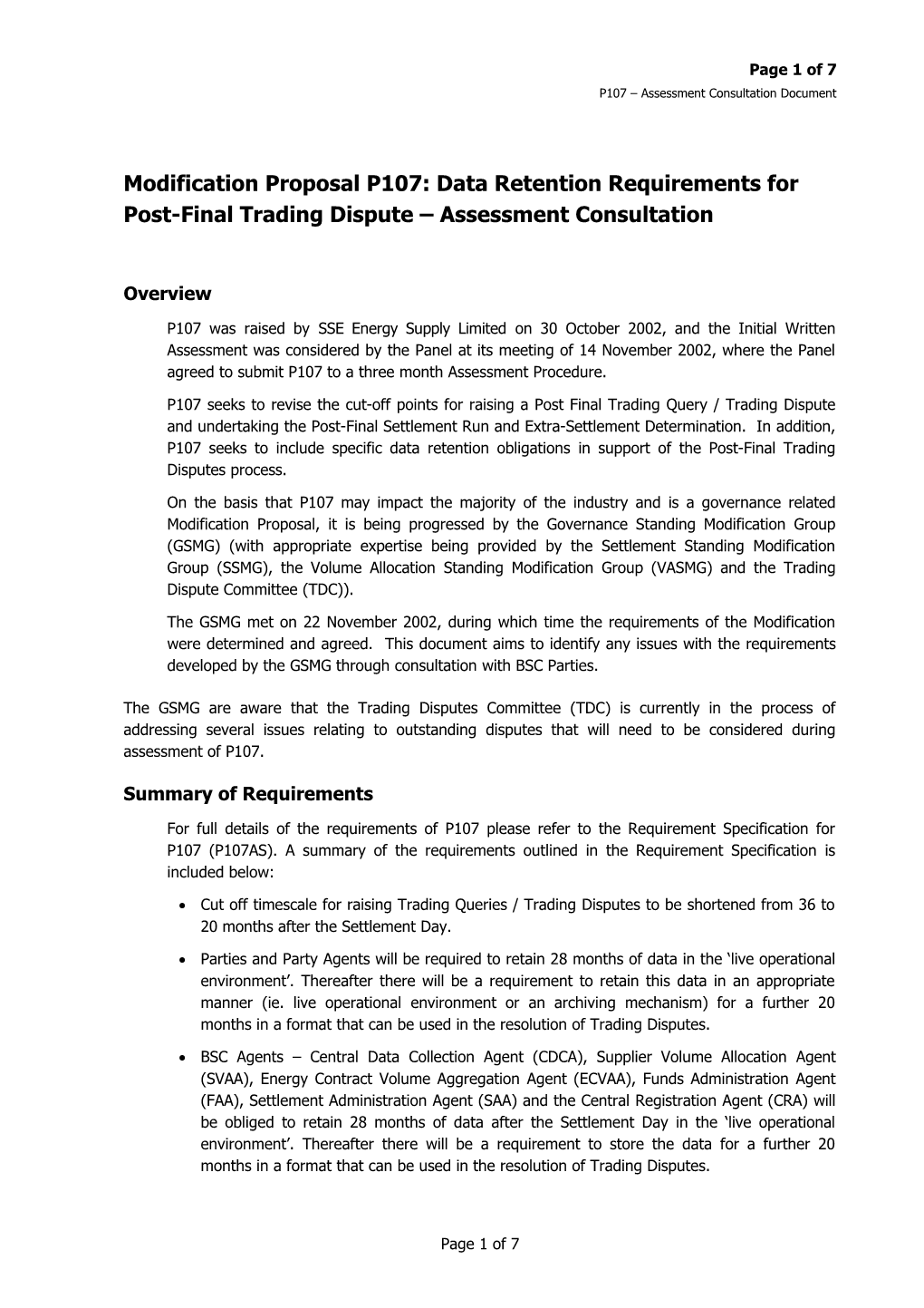 Modification Proposal P107: Data Retention Requirements for Post-Final Trading Dispute