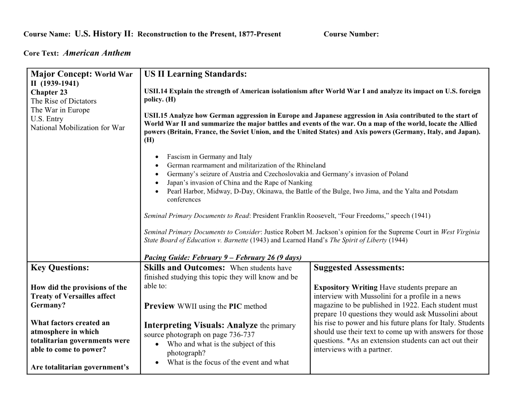 Course Name: U.S. History II: Reconstruction to the Present, 1877-Present Course Number