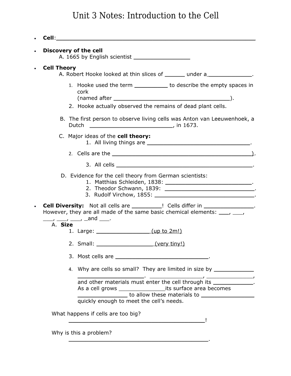 Unit 3 Notes: Introduction to the Cell