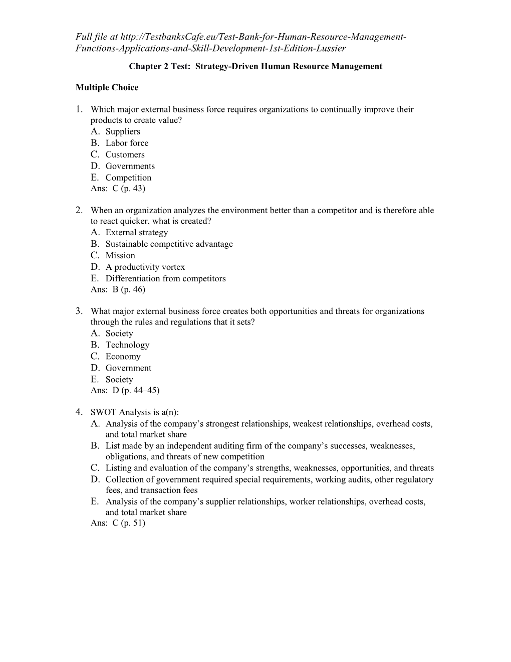 Chapter 2Test: Strategy-Driven Human Resource Management