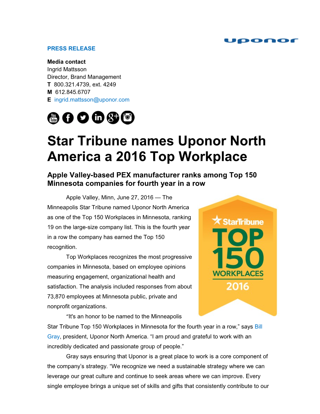 Star Tribune Names Uponor North America a 2016 Top Workplace