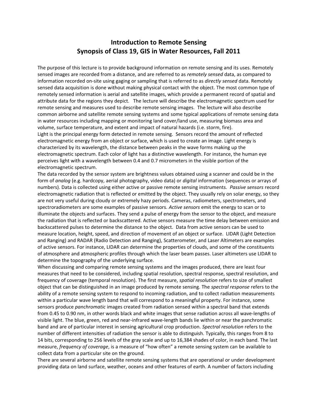 Synopsis of Class 19, GIS in Water Resources, Fall 2011