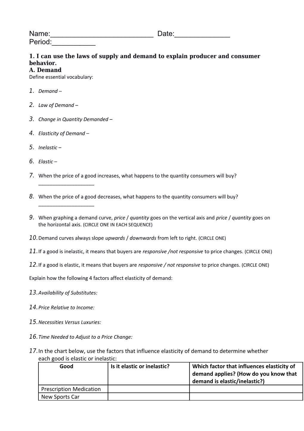 1. I Can Use the Laws of Supply and Demand to Explain Producer and Consumer Behavior