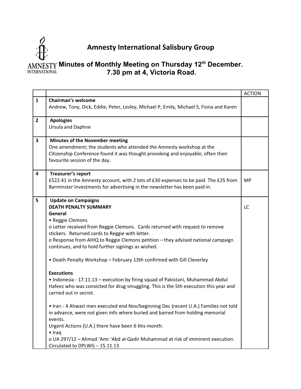 Amnesty International Salisbury Group Minutes
