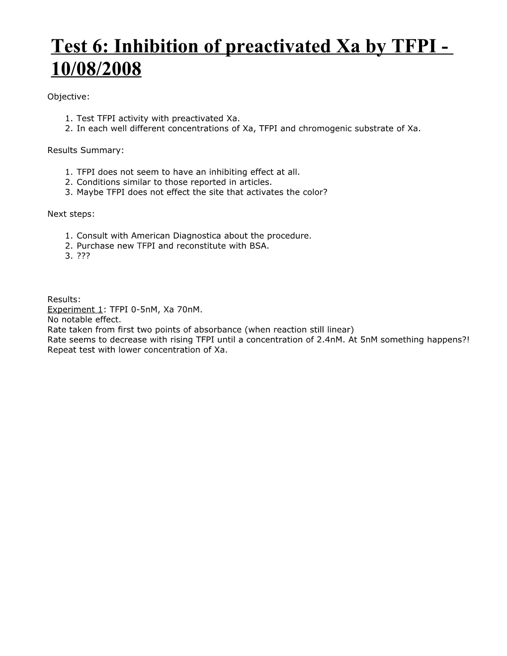 Test 6: Inhibition of Preactivated Xa by TFPI - 10/08/2008