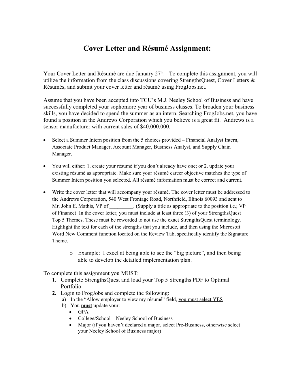 Cover Letter and Résumé Assignment s1