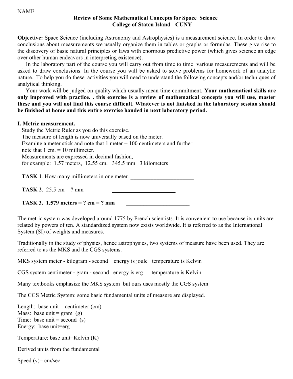 Some Mathematical Concepts for Astronomy Laboratory(101)