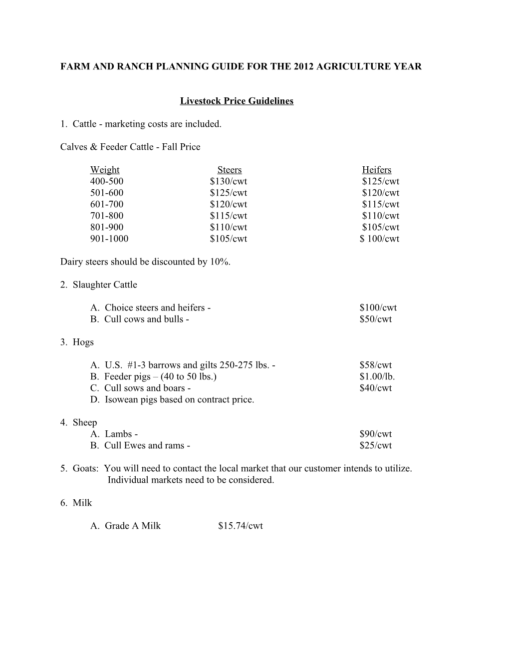 Farm and Ranch Planning Guide for the 2012 Agriculture Year