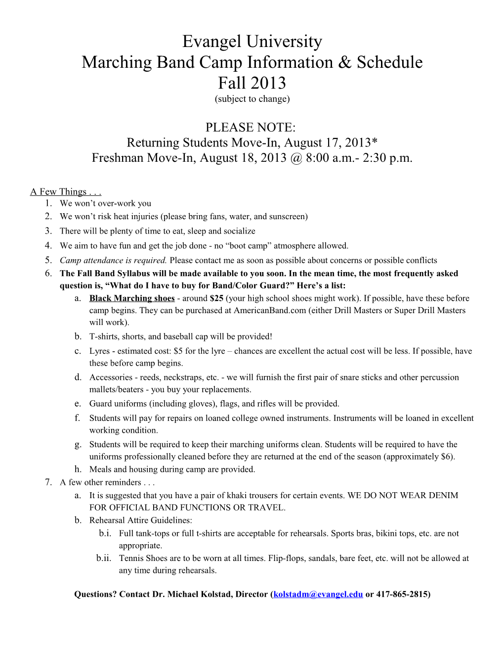 Marching Band Camp Information & Schedule