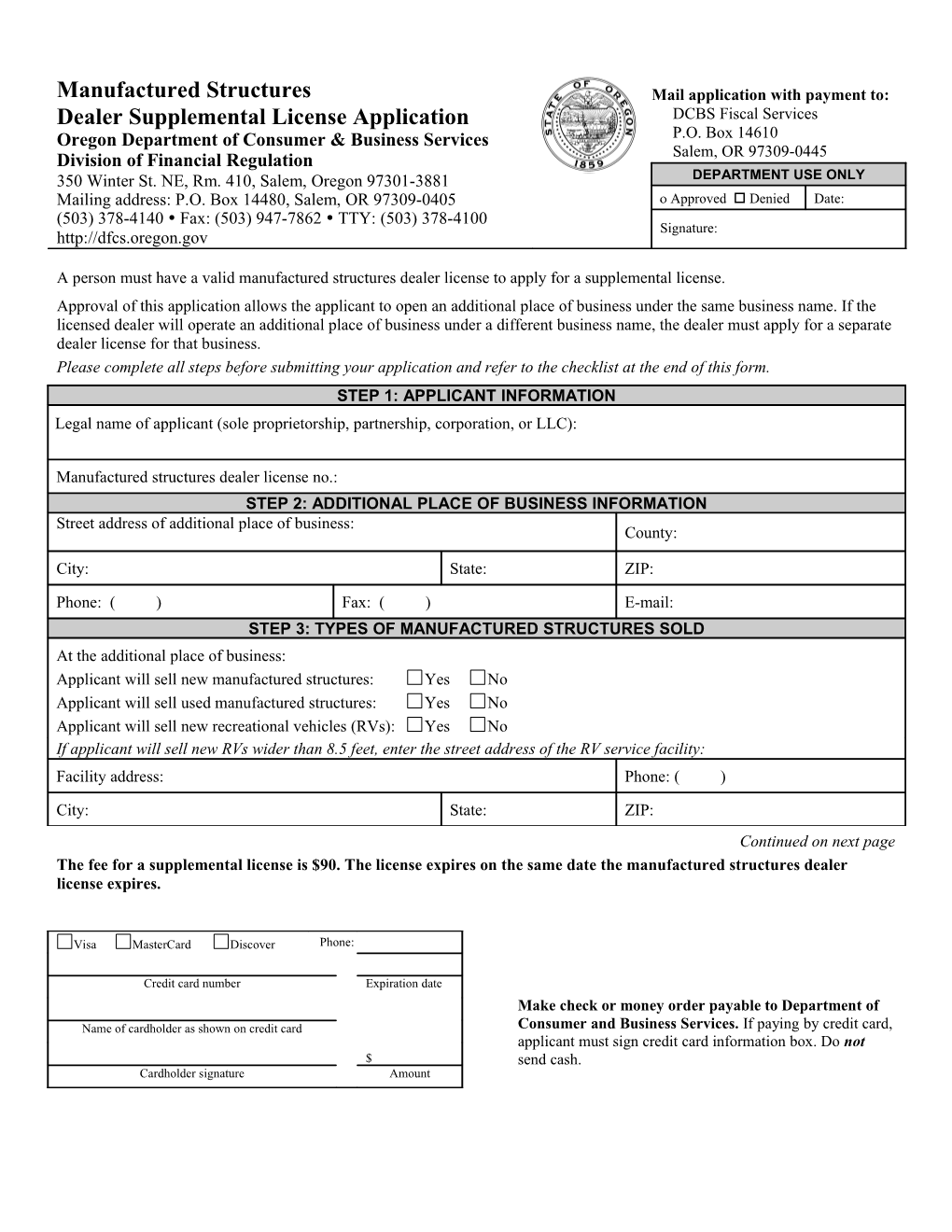 Manufactured Structuresdealer Supplemental License Application