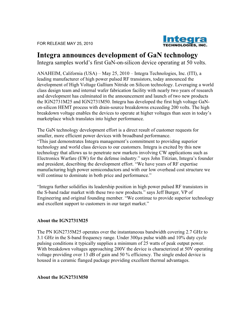 Integra Announcesdevelopment of Gan Technology