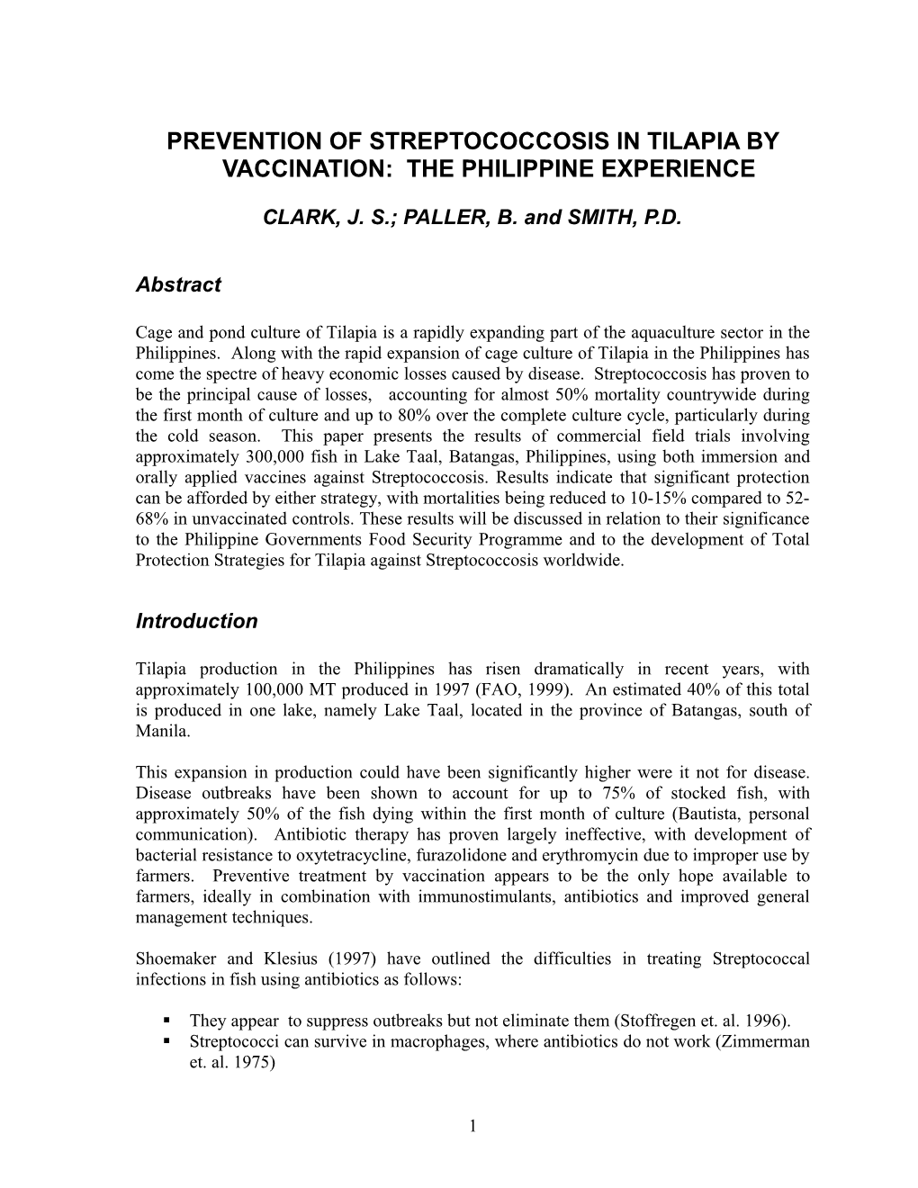 Prevention of Streptococcosis in Tilapia by Vaccination: the Philippine Experience