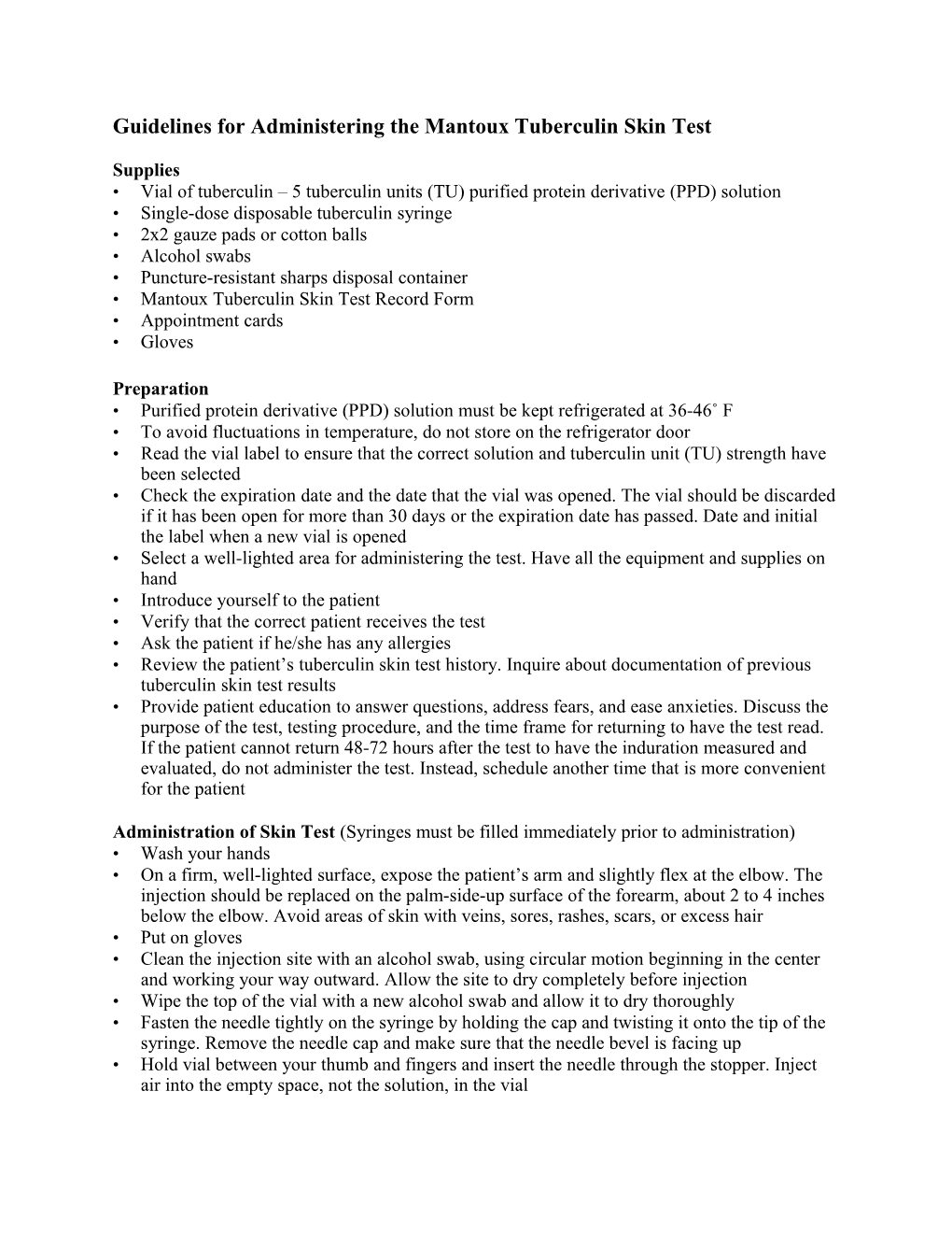 Guidelines for Administering the Mantoux Tuberculin Skin Test