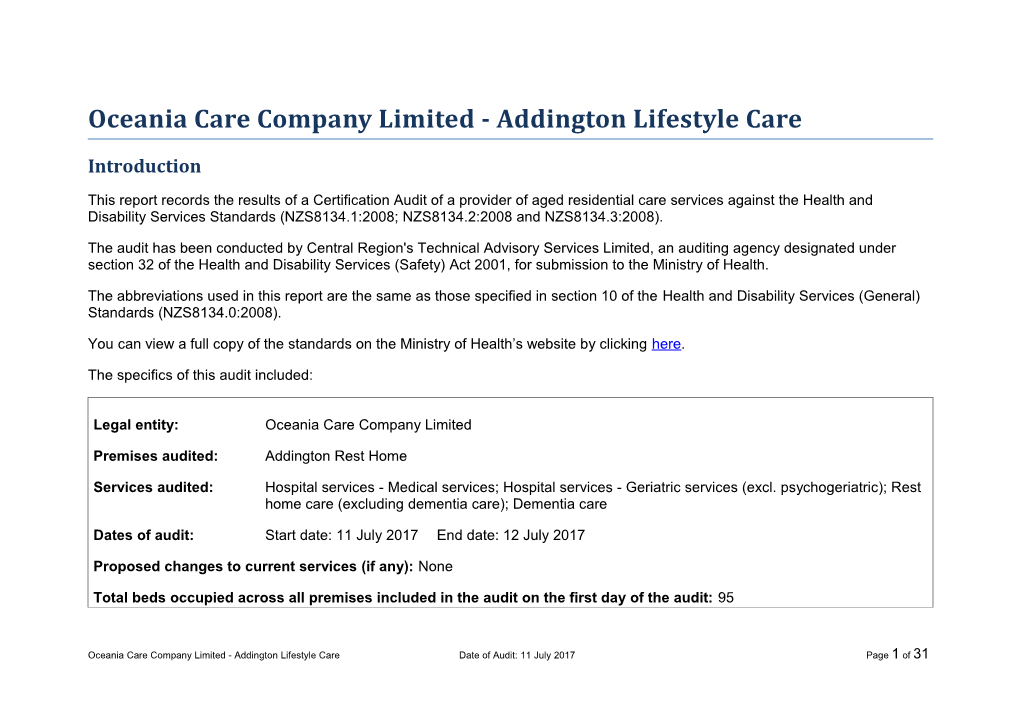 Oceania Care Company Limited - Addington Lifestyle Care