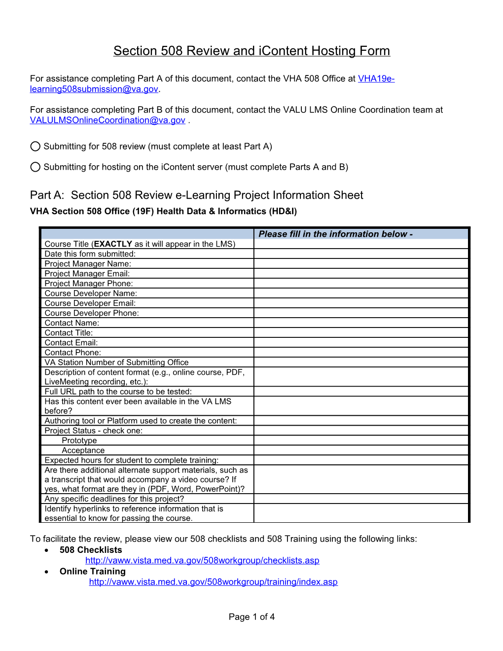 Section 508 Review and Icontent Hosting Form, Department of Veterans Affairs