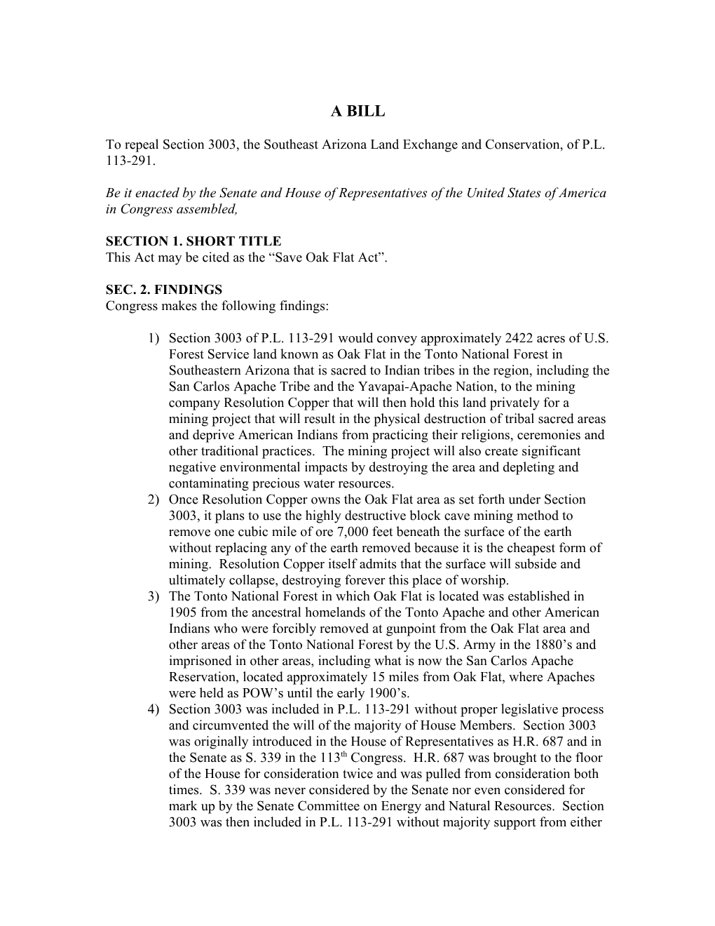 To Repeal Section 3003,The Southeast Arizona Land Exchange and Conservation, of P.L. 113-291