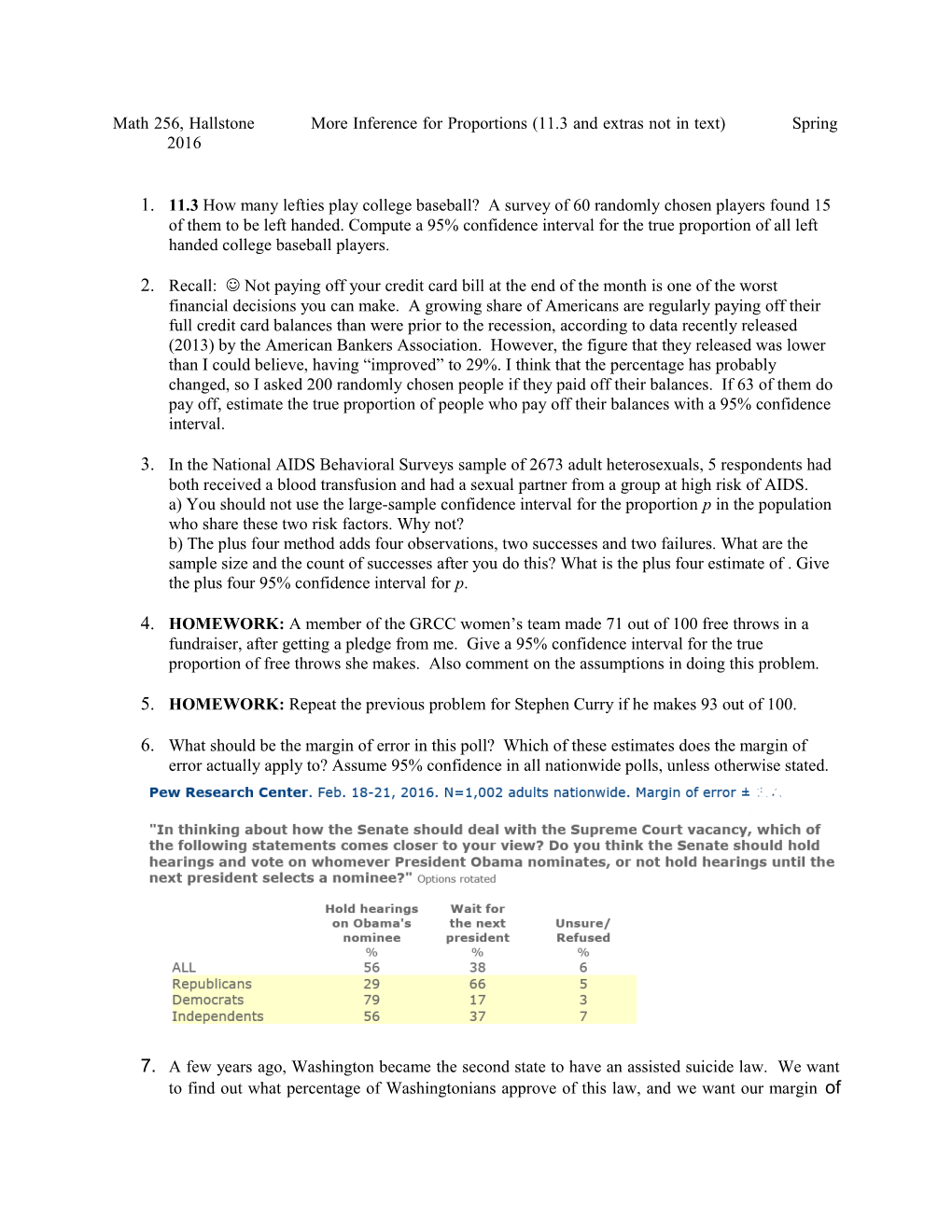 Math 256, Hallstone Inference for Proportions Handout Winter 2000