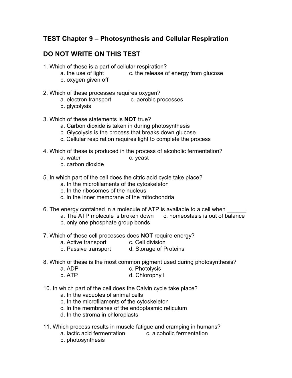 TEST Chapter 9 Photosynthesis and Cellular Respiration s1