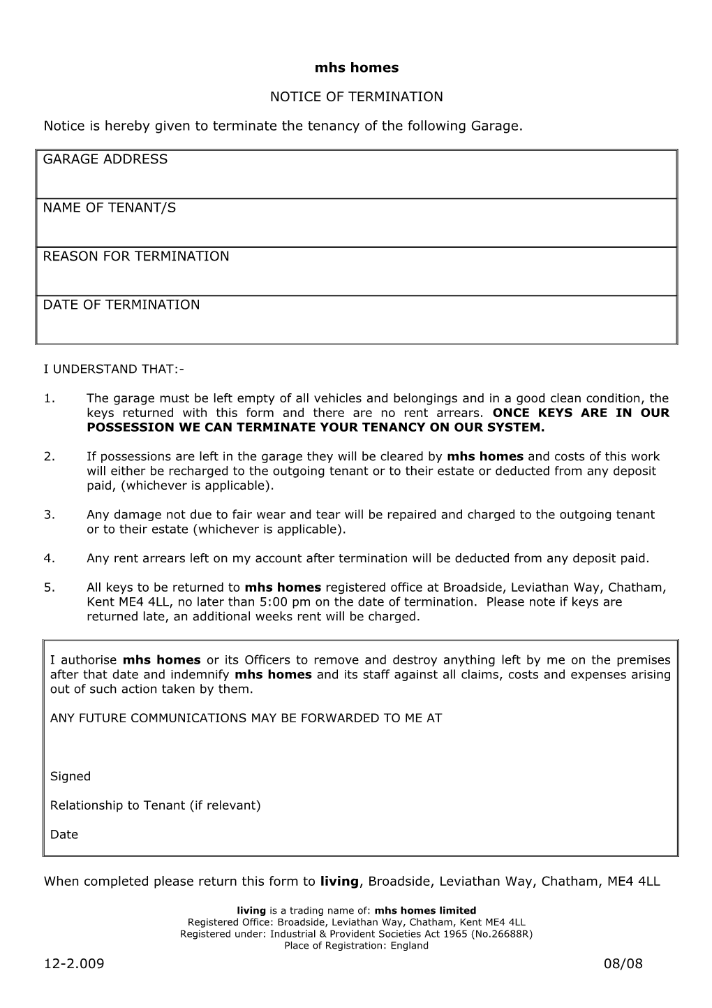 Notice Is Hereby Given to Terminate the Tenancy of the Following Garage