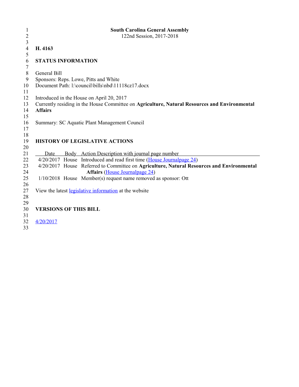 2017-2018 Bill 4163: SC Aquatic Plant Management Council - South Carolina Legislature Online