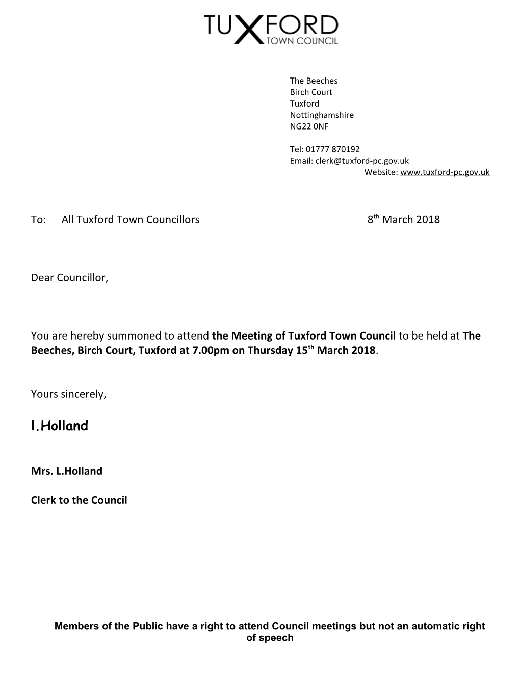 To:All Tuxford Town Councillors 8Th March 2018