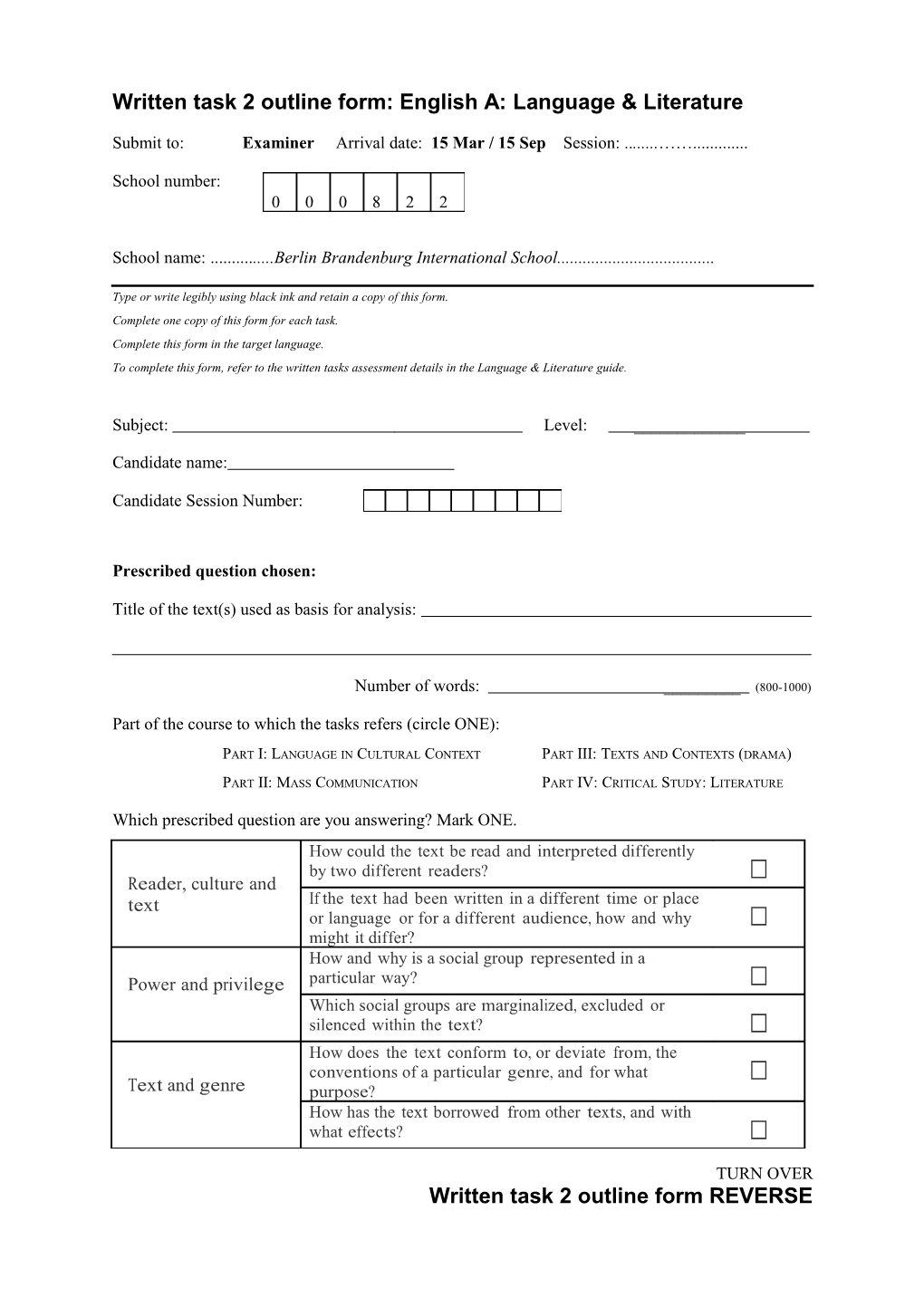 Written Task 2 Outline Form: English A: Language & Literature