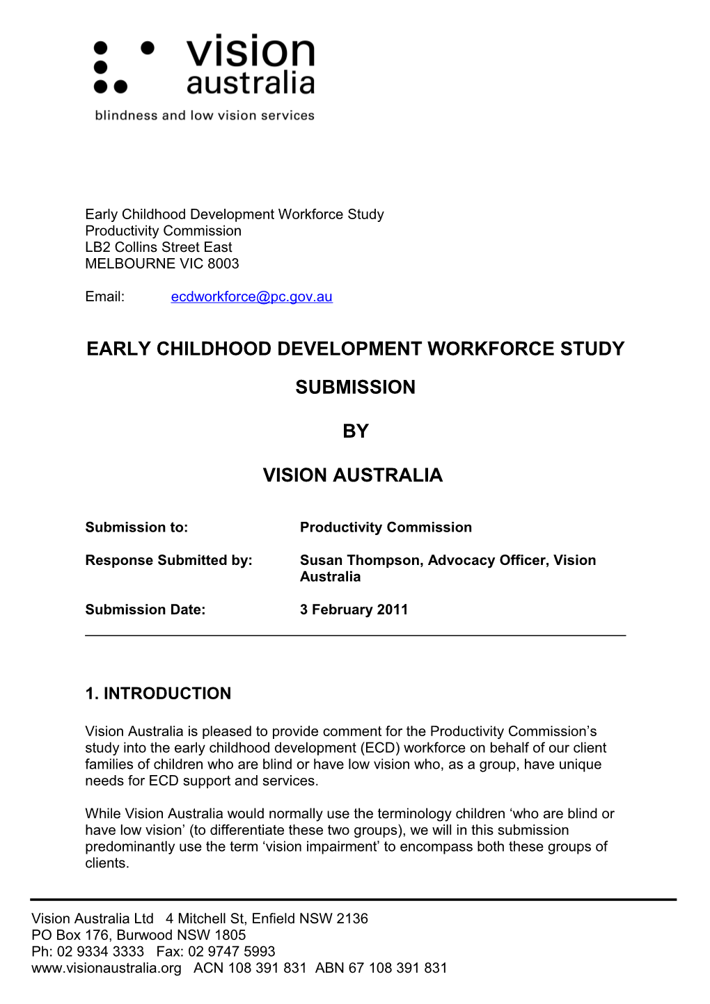 Submission 57 - Vision Australia - Education and Training Workforce: Early Childhood Development