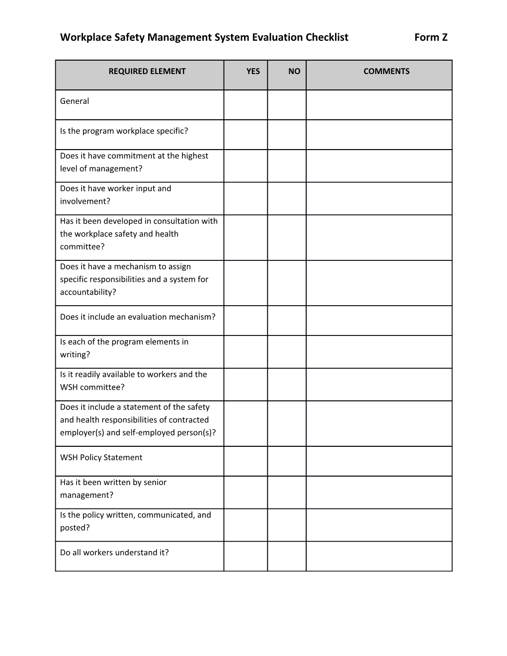 Workplace Safety Management System Evaluation Checklist Form Z