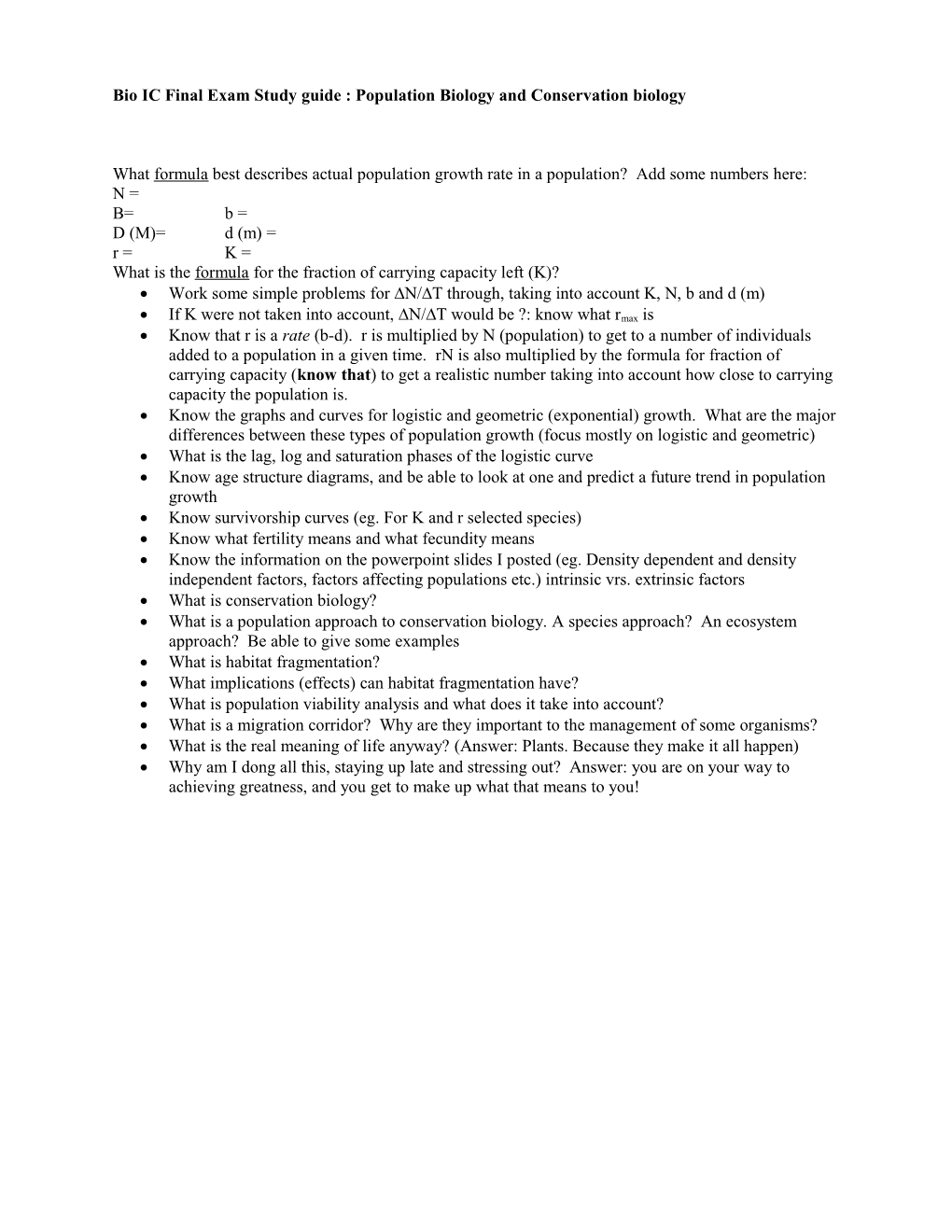 Bio IC Final Exam Study Guide : Population Biology and Conservation Biology