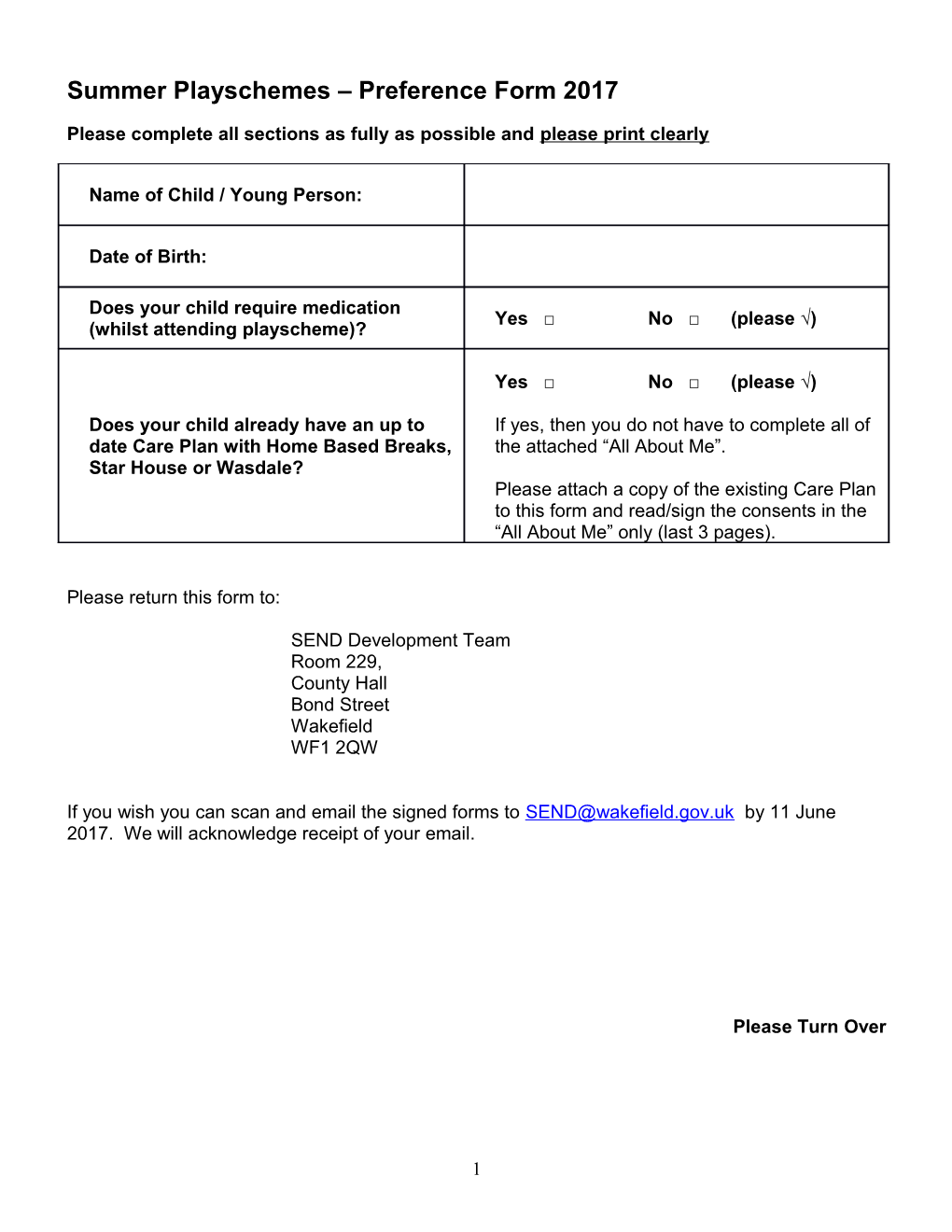 Summer Playschemes Preference Form 2017