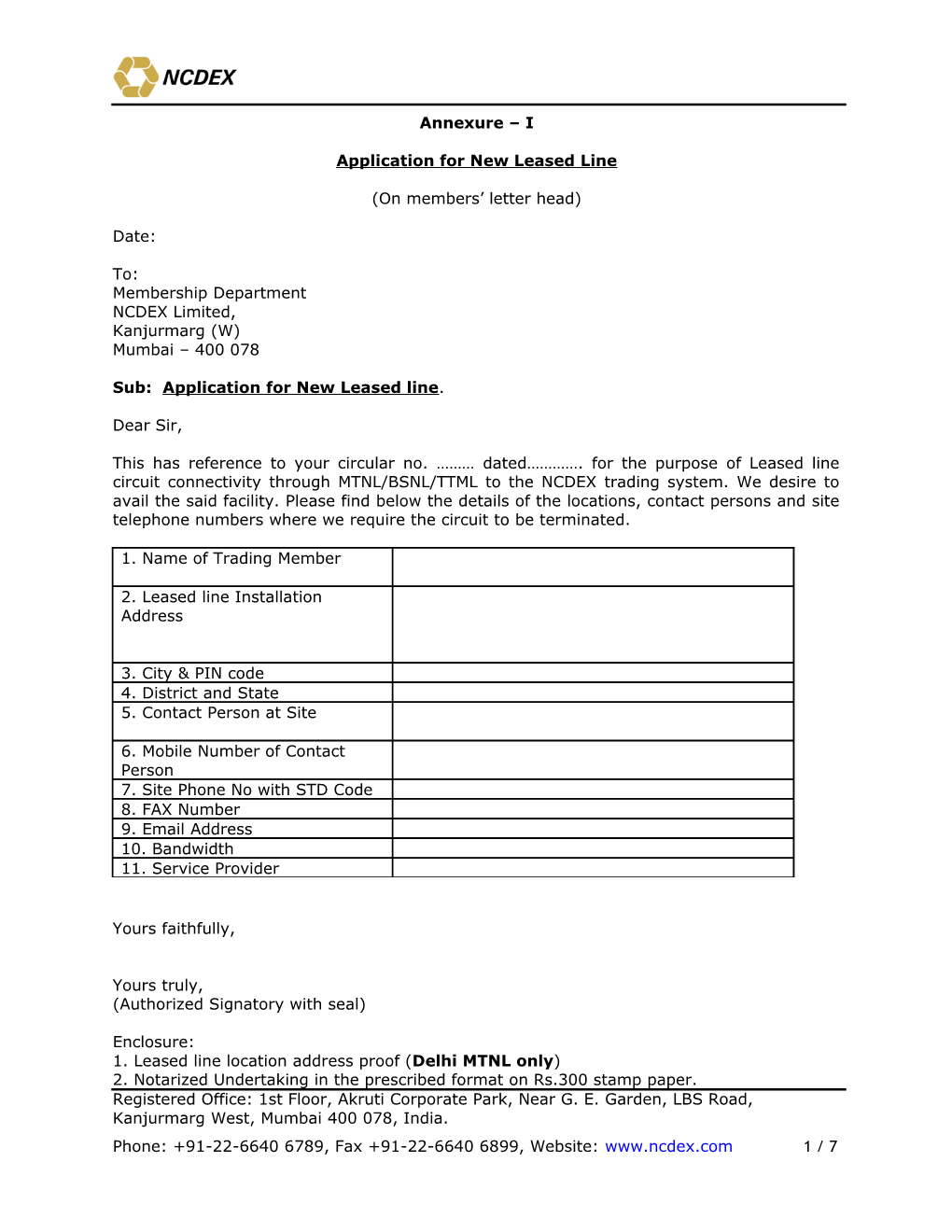 Application for New Leased Line