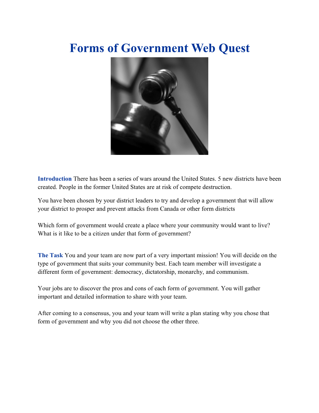 Forms of Government Web Quest
