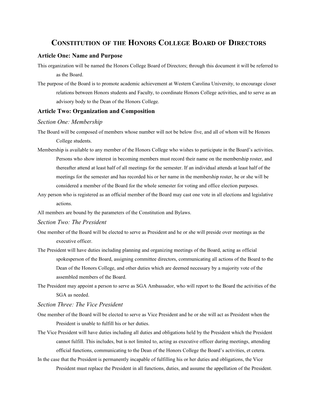 Constitution of the Honors College Board of Directors