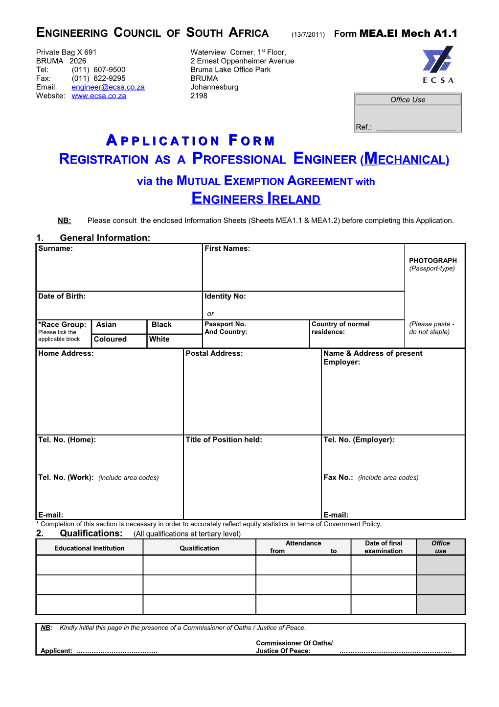 ENGINEERING COUNCIL of SOUTH AFRICA(13/7/2011) Form MEA.EI Mech A1.1